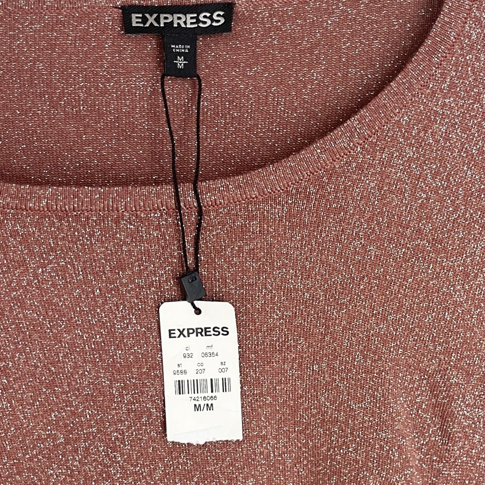 Express Ruched Metallic Bodycon Dress Tan Brown Salmon Mesh Sleeves M NWT - Picture 5 of 9